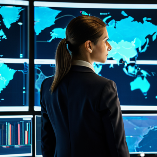 Home 6 A highly focused professional female cybersecurity analyst in a modest business suit, observing multiple large holographic data displays in a futuristic, dimly lit Security Operations Center. The displays show complex network diagrams, real-time threat intelligence feeds, and an evolving digital landscape, reflecting proactive defense strategies. Her expression is calm and strategic. The background features other professional team members working collaboratively in a professional setting. Fully clothed, appropriate attire, safe for work, professional, perfect anatomy, natural proportions, well-formed hands, proper finger count, natural body proportions, high-resolution photography, sharp focus, professional lighting.
