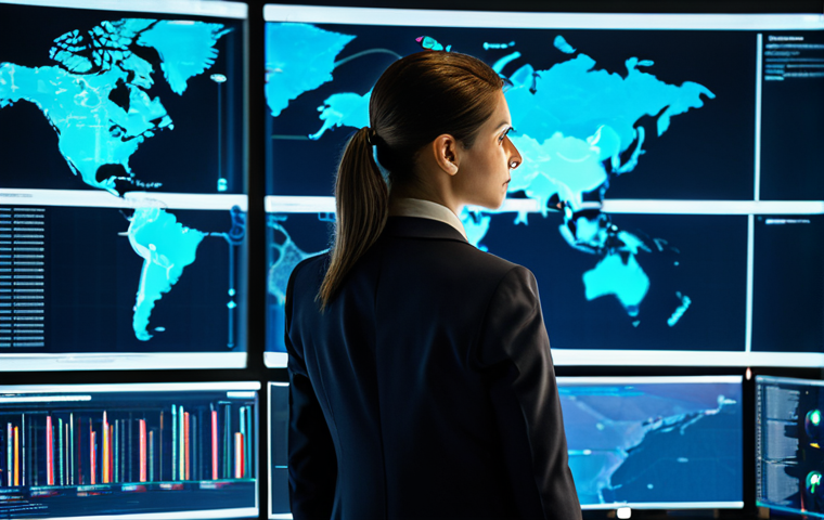 A highly focused professional female cybersecurity analyst in a modest business suit, observing multiple large holographic data displays in a futuristic, dimly lit Security Operations Center. The displays show complex network diagrams, real-time threat intelligence feeds, and an evolving digital landscape, reflecting proactive defense strategies. Her expression is calm and strategic. The background features other professional team members working collaboratively in a professional setting. Fully clothed, appropriate attire, safe for work, professional, perfect anatomy, natural proportions, well-formed hands, proper finger count, natural body proportions, high-resolution photography, sharp focus, professional lighting.