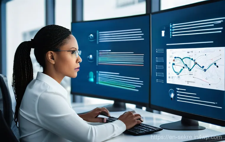 사이버 보안 사고 후 피해 복구 전략 - **Prompt:** Inside a clean, organized server room with rows of blinking servers, a male IT technicia...