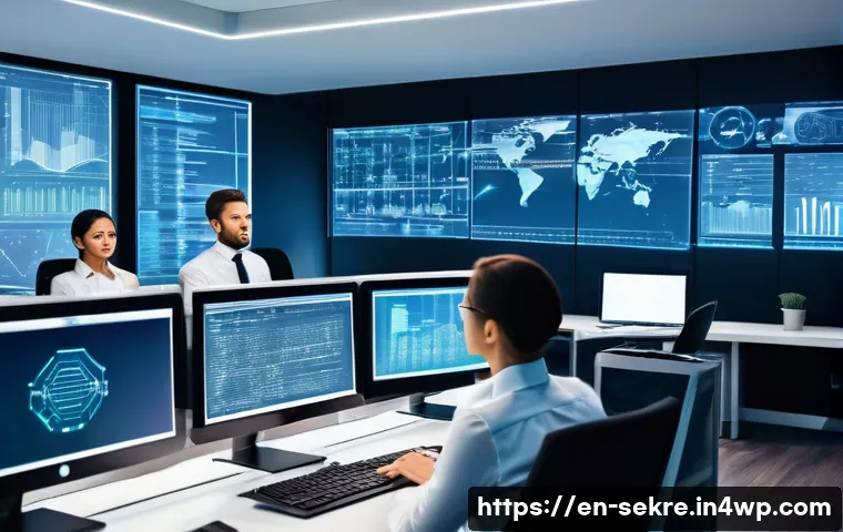 사이버보안 위협 대응을 위한 외부 감사의 필요성 - A modern corporate office environment showing a diverse team of cybersecurity auditors conducting an...