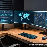 Home 22 사이버 공격 예방을 위한 보안 솔루션 비교 - A modern home office setup showcasing a professional using advanced cybersecurity software on a slee...
