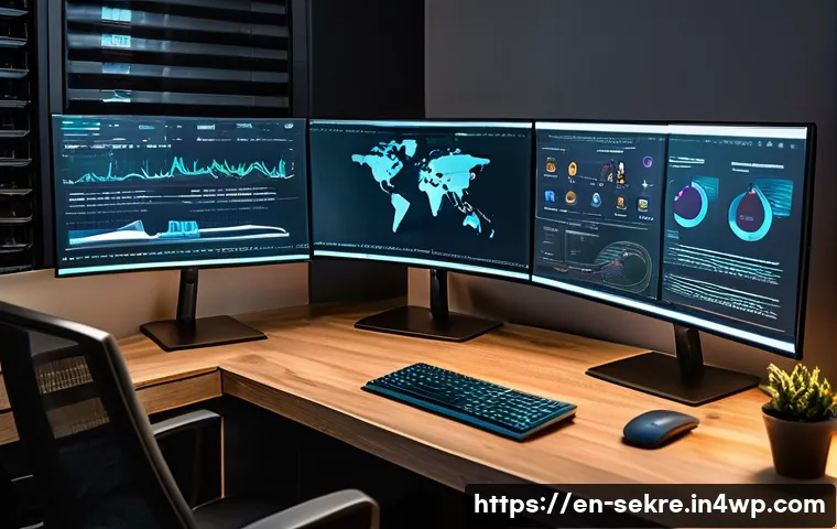 사이버 공격 예방을 위한 보안 솔루션 비교 - A modern home office setup showcasing a professional using advanced cybersecurity software on a slee...