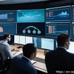 Home 21 사이버 보안 사고 대응 시 법적 고려사항 - A modern corporate cybersecurity incident response room, featuring a diverse team of professionals i...