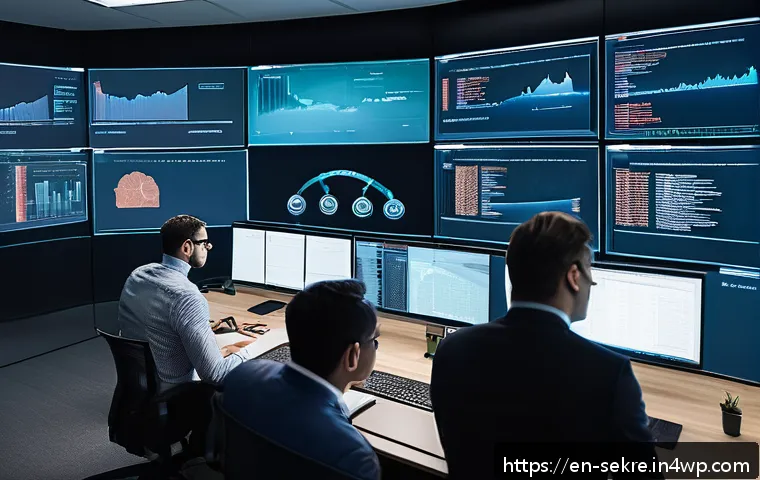 사이버 보안 사고 대응 시 법적 고려사항 - A modern corporate cybersecurity incident response room, featuring a diverse team of professionals i...