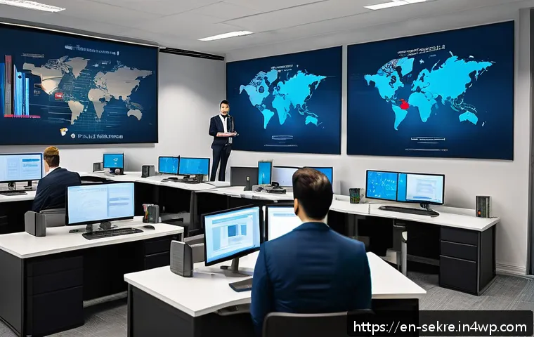 사이버 보안 정책과 절차의 차별화된 접근 - A modern office environment featuring a diverse group of employees actively engaged in a cybersecuri...