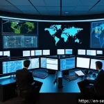 Home 18 사이버 공격 발생 시 즉각적인 대응 프로세스 - A high-tech cybersecurity operations center with diverse IT professionals intensely monitoring multi...