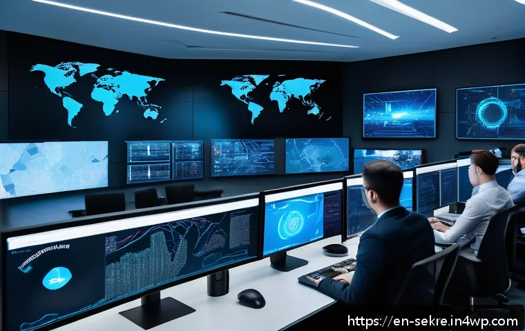 사이버 공격 예방을 위한 보안 인프라 강화 - A high-tech network operations center with diverse cybersecurity professionals analyzing multiple ho...