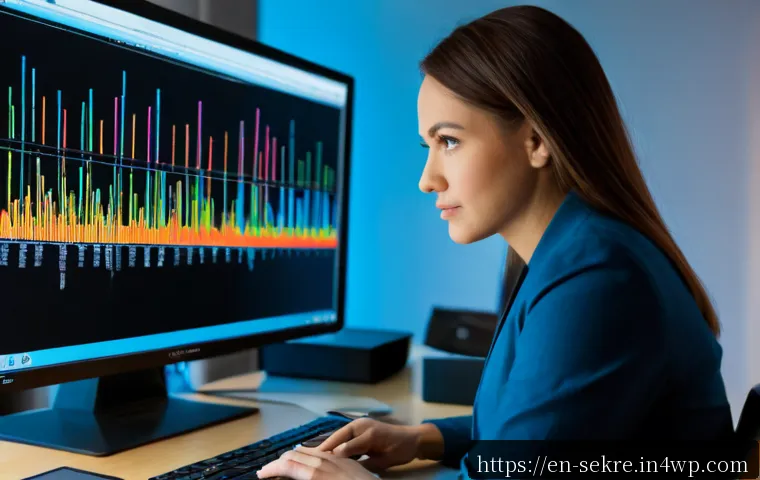 사이버보안 인시던트 로그 분석 방법 - Photorealistic cybersecurity incident response analyst in a modern American office, examining a larg...
